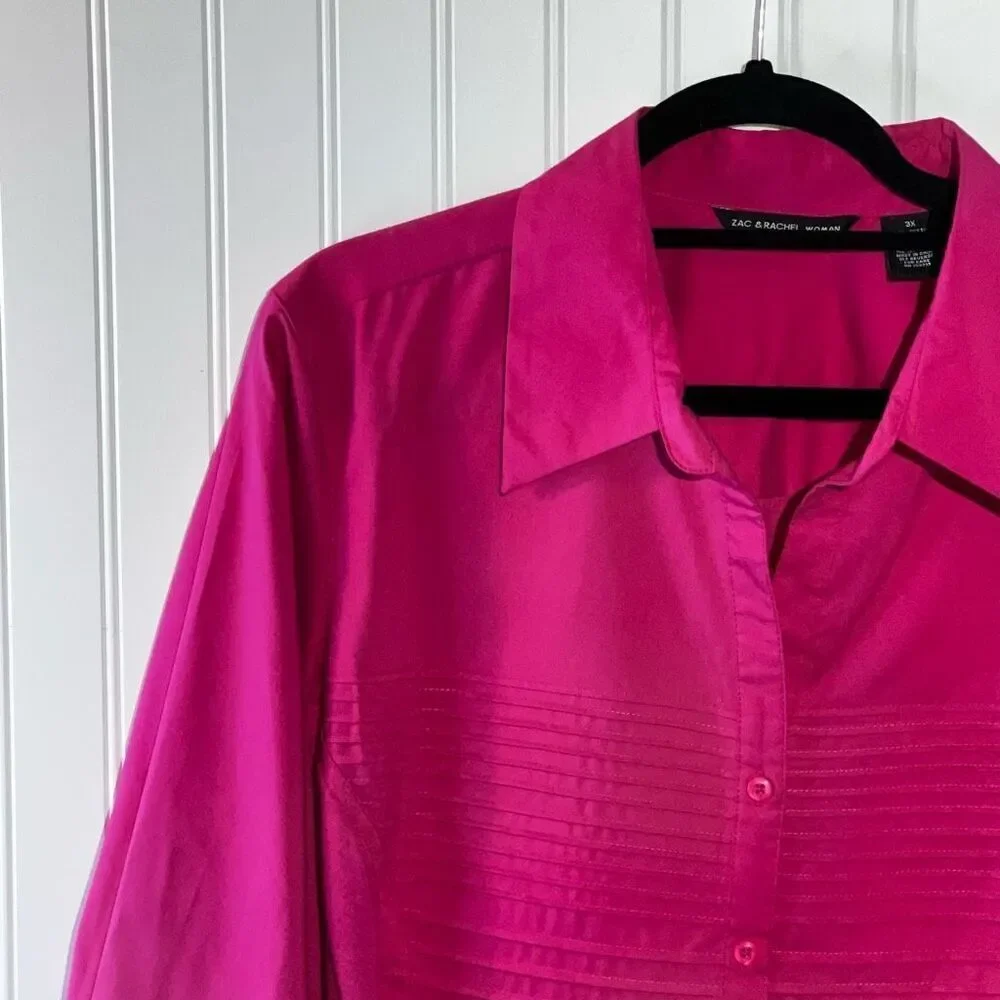 Zac & Rachel Pleated Button Down Top Women’s 3X-Large Pink Long Sleeve V-Neck - Picture 2 of 11